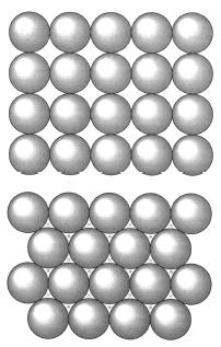Tätpackning Löst packat, primitiv packning Tätpackning i 2D Många kristallstrukturer kan förstås Det är lätt att övertyga sig om att i 2D är det tätaste möjliga på basen av hårdsfärs-modellen