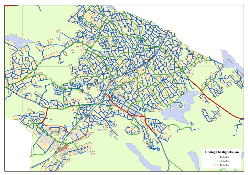 HUDDINGES GATUNÄT De flesta av Huddinges gator är utformade utan eller med smal gångbana och har hastighetsbegränsning 30 km/tim.