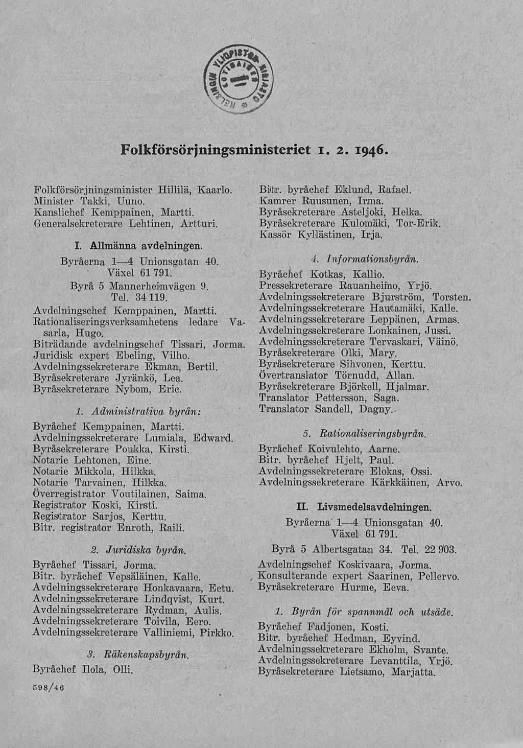 Folkförsörjningsministeriet i. 2. 1946. Folkförsörjningsminister Hillilä, Kaarlo. Minister Takki, Uuno. Kanslichef Kemppainen, Martti. Generalsekreterare Lehtinen, Artturi. I. Allmänna avdelningen.
