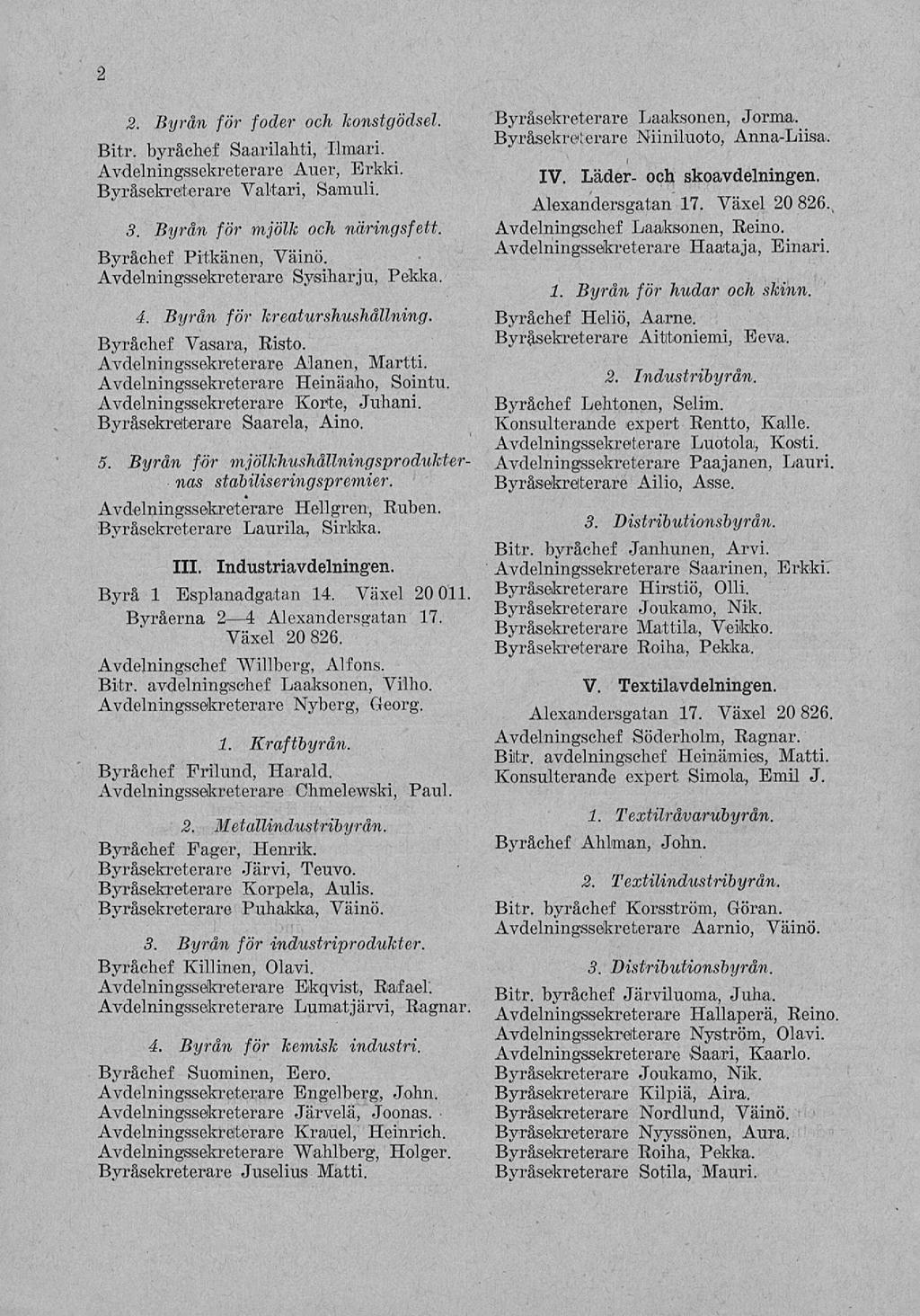 2 2. Byrån för foder och konstgödsel. Bitr. byråchef Saarilahti, Ilmari. Avdelningssekreterare Auer, Erkki. Byråsekreterare Valtari, Samuli. 3. Byrån för mjölk och näringsfett.