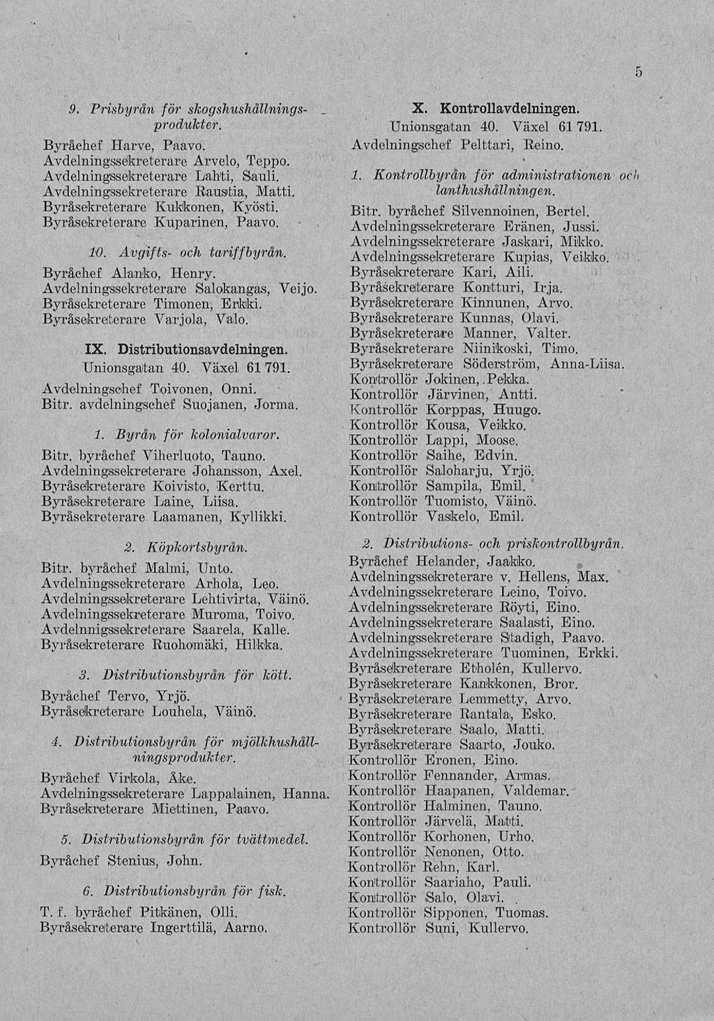 5 9. Prisbyrån för skogshushållningsprodukter. Byråchef Harve, Paavo. Avdelningssekreterare Arvelo, Teppo. Avdelningssekreterare Lahti, Sauli. Avdelningssekreterare Raustia, Matti.