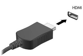 Så här ansluter du en video- eller ljudenhet till HDMI-porten: 1. Anslut den ena änden av HDMI-kabeln till HDMI-porten på datorn. 2.