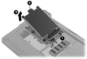 10. Dra upp hårddiskens flik (2) och lyft ut hårddisken (3) ur hårddiskplatsen. Så här installerar du en hårddisk: 1.