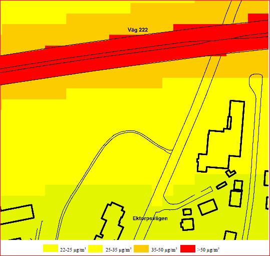 MKN för PM10 överskrids inom vägområdet längs Väg 222.