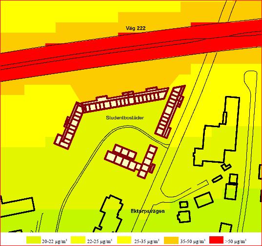 Dygnsmedelhalter av PM10 (µg/m3), år 2020, 70% dubbdäck. Med oförändrad dubbdäcksandel jmf idag överskrids MKN inom vägområdet.