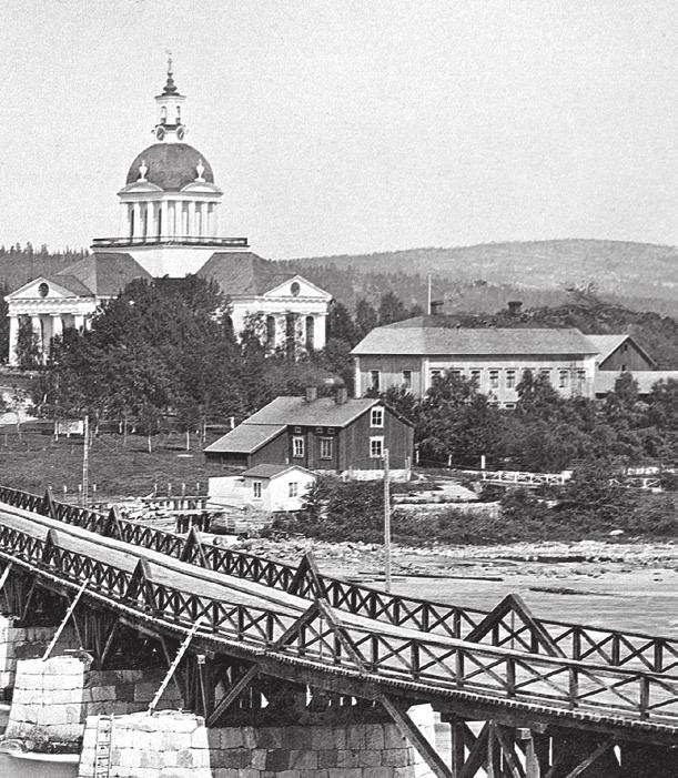 Lejonströmsbron, kyrkan och Lejonströms sågverk,1860-talet. Foto Skellefteå museums arkiv. 13 16 8 Lejonströms sågverk Vid bron finns spår efter Lejonströms sågverk som låg mellan kyrkan och älven.