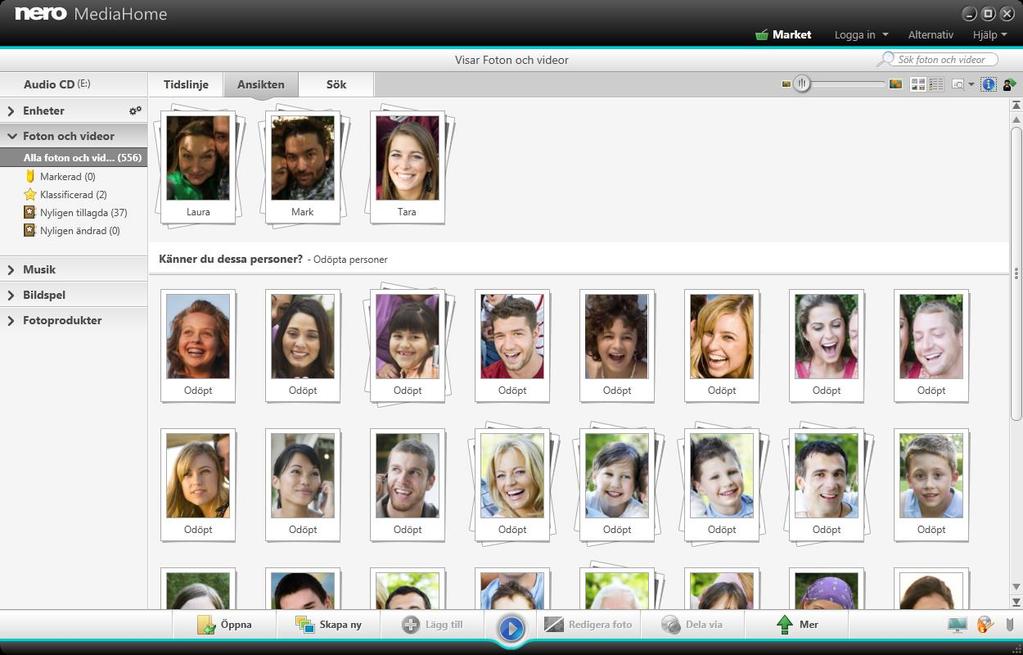 Foton och videor Foton och videor 17 4.5 Ansikten Fliken Ansikten listar alla bilder med ansikten som upptäckts och identifierade namn i buntade grupper som har sorterats av människor i dina bilder.
