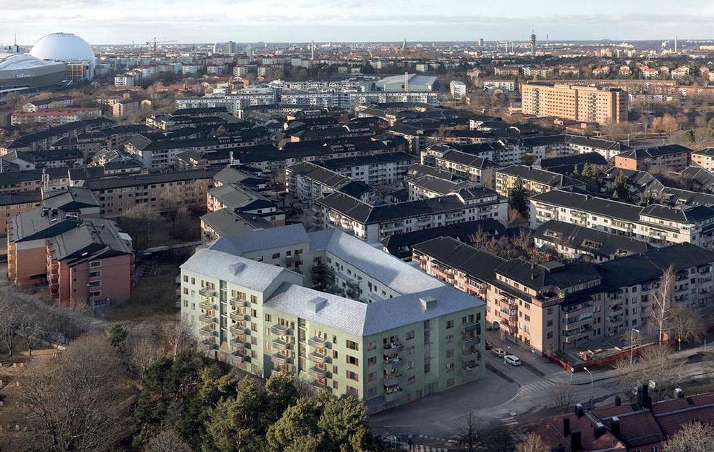 3 Balkongerna får en karakteristisk utformning med snedställda fronter i varierade vinklar. Entréerna är vända mot gatan, men har också en genomgående förbindelse till gården.