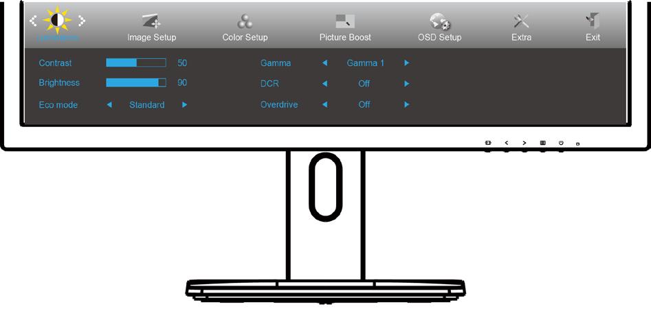 OSD Setting (Bildskärmsinställning) Grundläggande och enkel instruktion om kontrollknapparna. 1. Tryck på MENU (MENY)-knappen för att aktivera OSD-fönstret. 2.