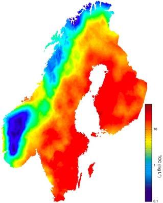 Humushaltens (mg TOC/L) variation 1995 i ca 4900 sjöar i Norge, Sverige och Finland. Figur från Löfgren et al. 2003 Figure 2.