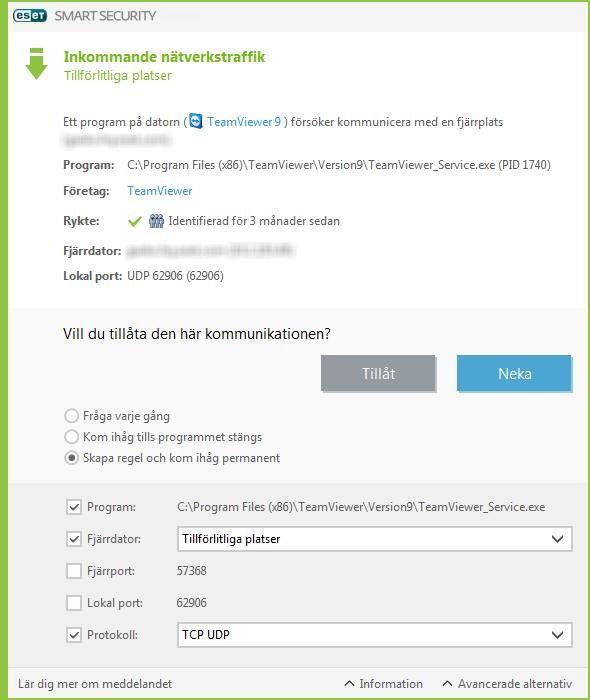 7.3 Tillåta kommunikation för ett visst program Om en ny anslutning identifieras i interaktivt läge och det inte finns någon regel för den, ombeds du att tillåta eller avvisa anslutningen.