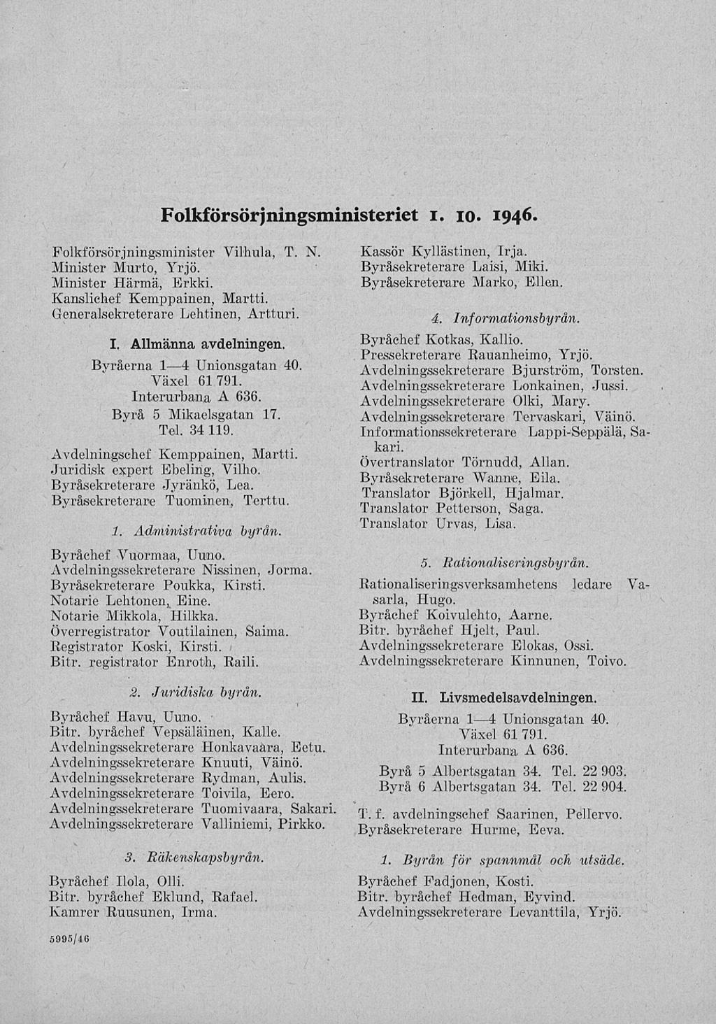 Folkförsörjningsministeriet i. io. 1946. Folkförsörjningsminister Viihula, T. N. Minister Murto, Yrjö. Minister Härmä, Erkki. Kanslichef Kemppainen, Martti. Generalsekreterare Lehtinen, Artturi. I.