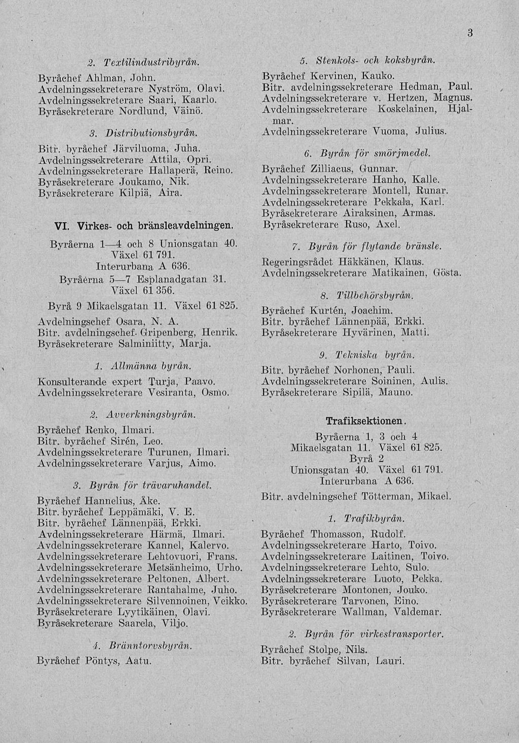 \ 2. Textilindustribyrån. Byråchef Ahlman, John. Avdelningssekreterare Nyström, Olavi. Avdelningssekreterare Saari, Kaarlo. Byråsekreterare Nordlund, Väinö. 3. Distributionsbyrån. Bitr.