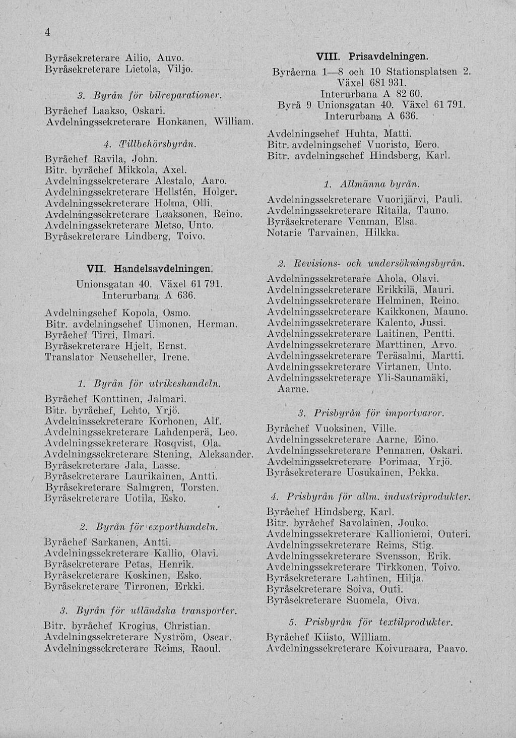 4 Byråsekreterare Ailio, Auvo. Byråsekreterare Lietola, Viljo. 3. Byrån för bilreparationer. Byråchef Laakso, Oskari. Avdelningssekreterare Honkanen, William. 4. Tillbehörsbyrån.