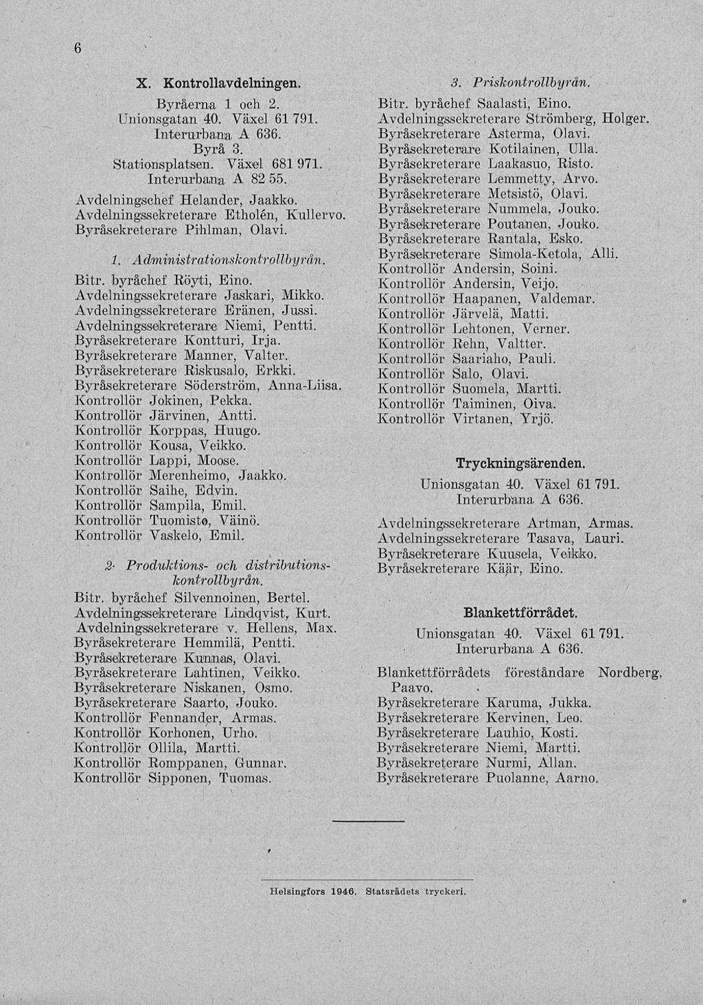 / 6 X. Kontrollavdelningen. Byråerna 1 och 2. Byrå 3. Stationsplatsen. Växel 681 971. Interurbana A 82 55. Avdelningschef Helander, Jaakko. Avdelningssekreterare Etholén, Kullervo.