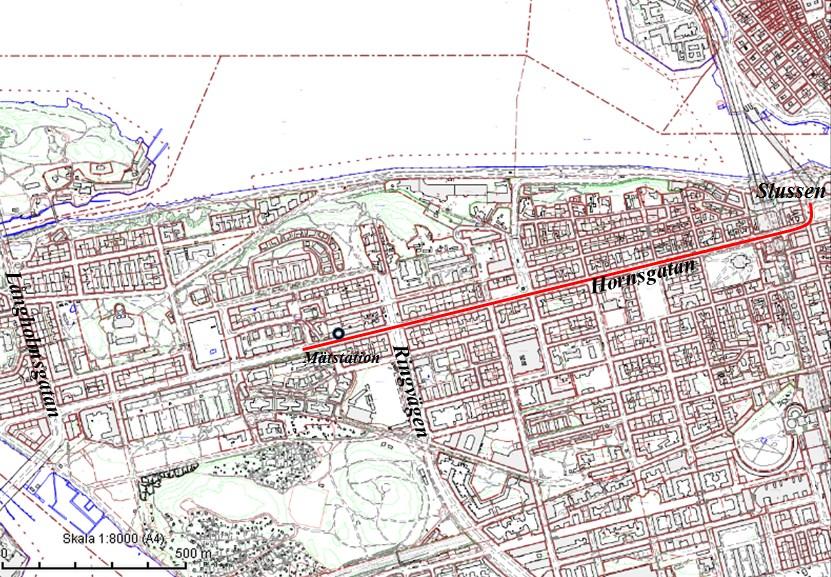 Sida 6 (7) Hornsgatan mellan Ansgariegatan och Slussen Hastighetssänkning föreslås i höjd med Ansgariegatan, strax öster om mätstationen på Hornsgatan, och bort mot Slussen.