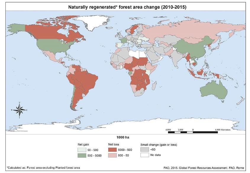Figur 5. Karta som visar minskning/ökning av naturligt uppkommen skog, genom naturlig expansion eller via naturlig föryngring efter avverkning.