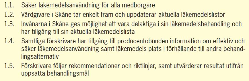 1. Effektiv och säker läkemedelsanvändning Övergripande mål enligt Region Skånes Läkemedelsstrategi 1.1. Säker läkemedelsanvändning för alla medborgare - Fler läkemedelsgenomgångar ska genomföras, särskilt med inriktning mot äldre patienter (Budget 2017).