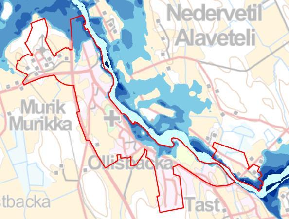 1-11 Bild 7. De blåa områdena visar var det förekommer översvämning i medeltal en gång på 250 år.