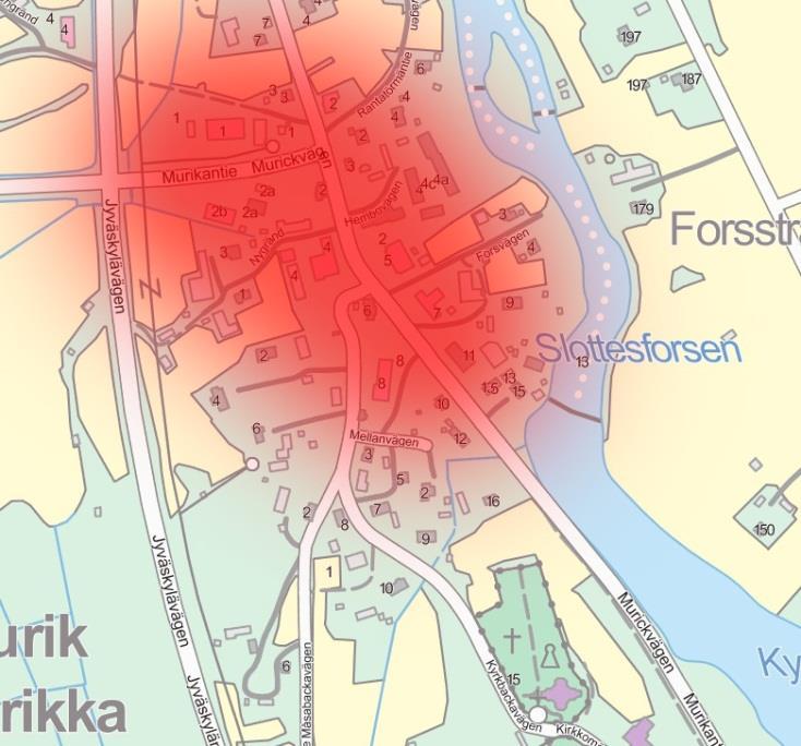 1-16 Bild 14. Röd markering anger byns centrumområde. Korsningen Jyväskylävägen och Murickvägen kan beskrivas som något av en knutpunkt i Nedervetil.