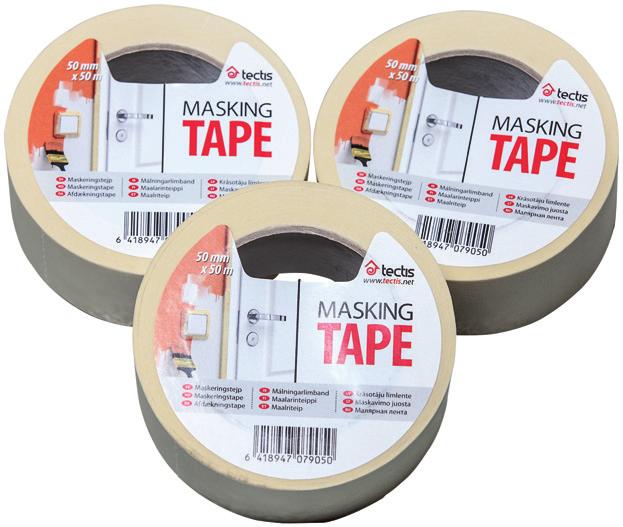 Tectis Maskeringstejp 50 mm x 50 m 24 rle/frp Tectis Maskeringstejp UV För maskering av dörrar, fönster mm. Tejpen är väder och uv-resistent och kan sitta utomhus upp till 7 dagar.