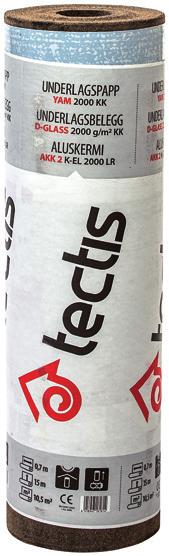 200 g/m² 15 x 0,67 m 24 rle/pal 01100172 Tectis Underlagspapp med Klisterkant YEP 2 500 g/m² 10 x 1 m 30 rle/pal Taklutning min.