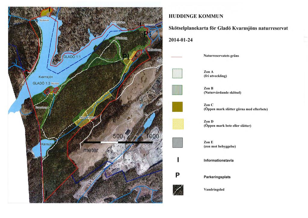 HUDDINGE KOMMUN Skötselplanekarta för Gladö Kvarnsjöns naturreservat 2014-01-24 Naturreservatets gräns m w lill ZonA (fri utveckling) Zon B (Naturvårdande