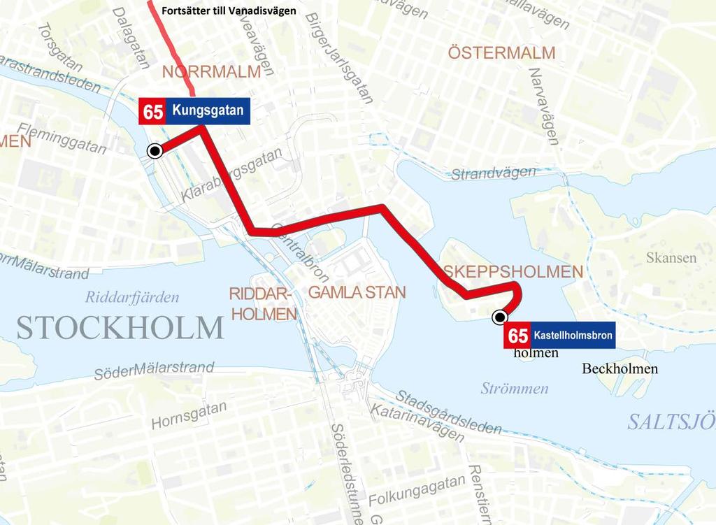 Linje 65: Skeppsholmen - Cityterminalen (Mörkröd linje ny linjesträckning, röd linje representerar dagens sträckning) Linjesträckning Linje 65 kortas av och trafikeras endast mellan T-centralen och