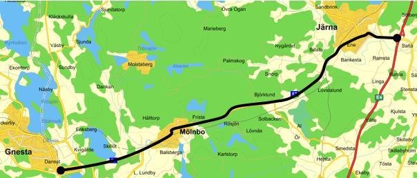 Figur 2: Sträcka för restidsmätningens längs väg 57 i svart. Tabell 1: Uppmätta restider för sträckan mellan tpl Järna och Gnesta under eftermiddagens maxtimme måndag 6:e oktober.