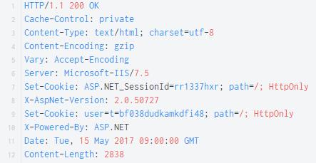 Figur 21. Exempel på hur en sessions cookie har fått HttpOnly parametern tillagd för att skydda mot session hijacking.