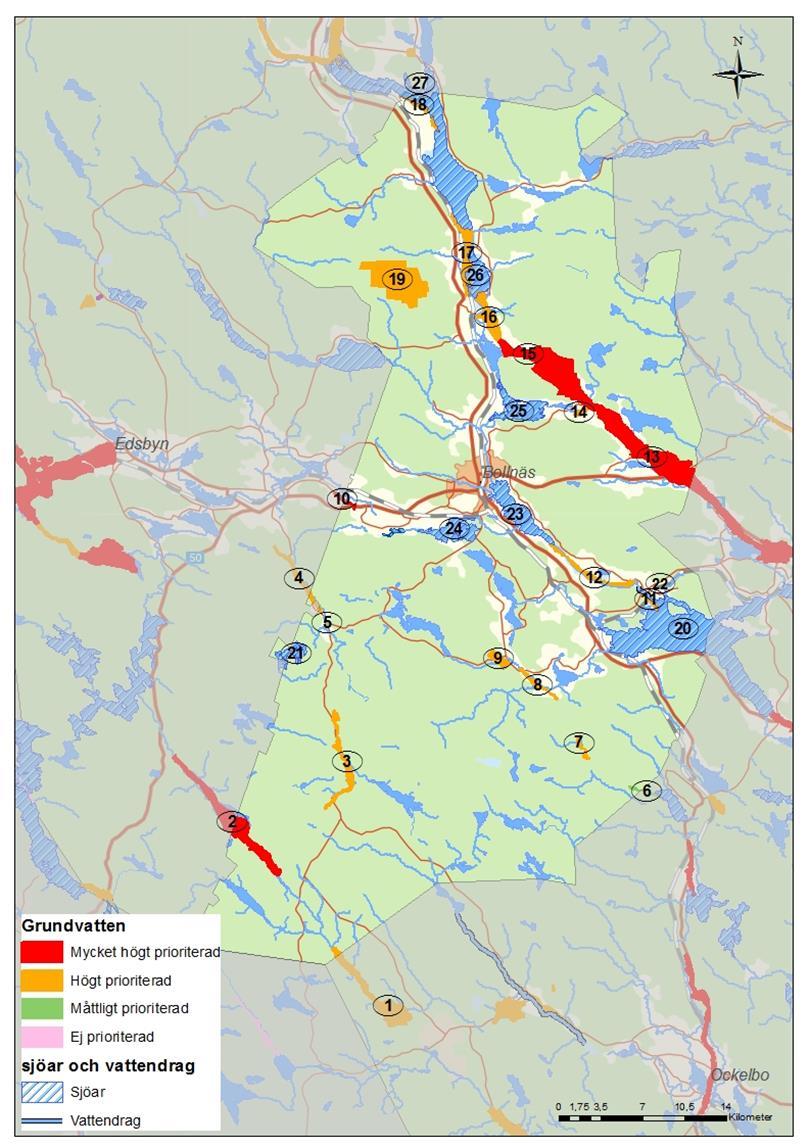 Figur 1 Karta över prioriterade vattenresurser i Bollnäs kommun, beskrivning enligt numrering nedan.