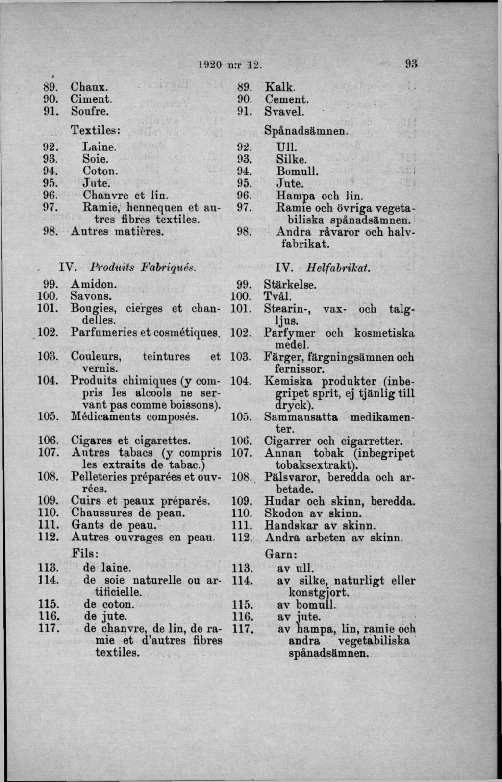 89. Chaux. 90. Ciment. 91. Soufre. Textiles: 92. Laine. 93. Soie. 94. Coton. 95. Ju te. 96. Chanvre et lin. 97. Ramie, hennequen et autres fibres textiles. 98. A utres matiéres. IV.