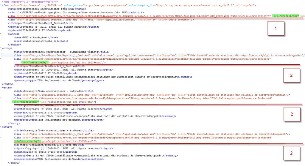 PM 7(40) Figur 3.Figuren visar ett exempel på hur ett tjänsteflöde med Atom har tre stycken entry s. Varje respektive Entry pekar ut ett datamängd-flöde.