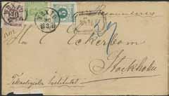 95 95K 7, 19, 22 5+5+20 öre som UNIK kombination på rekbrev med innehåll sänt från WEXIÖ 30.3.1874 till Stockholm. Liten pappersförlust, 20 öre oxiderad, samt ett par nötta tänder. Ex. Göta 2002.