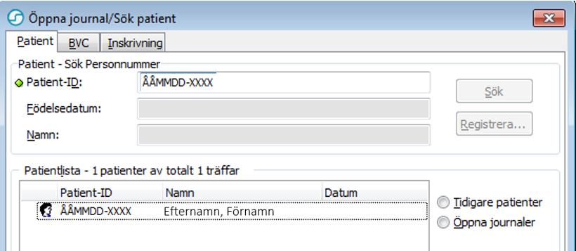 Sök fram patientens journal via knappen