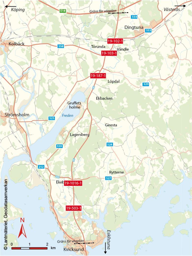 Bro 19-1016-1 vid St Ekeby på väg 56. Koport, km 3+750. Bro 19-187-1 över Bodabäcken/Vretabäcken (Sundängsbron), km 10+120.
