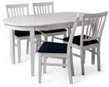 291 ) bord + 4 stolar Finns med 4 stolar Matbord Mario i vitt högtryckslaminat, spännben i svartlackerad metall, 100-200x100 cm Stol Kim i svart polypropylen, sits i svart konstläder, underrede i