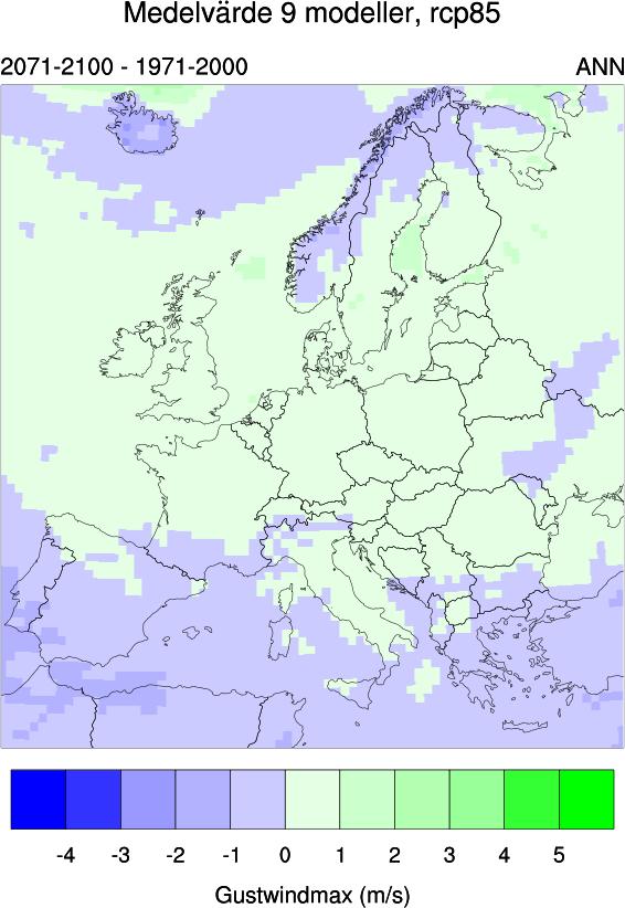 Förändring av årets maximala byvind, scenario