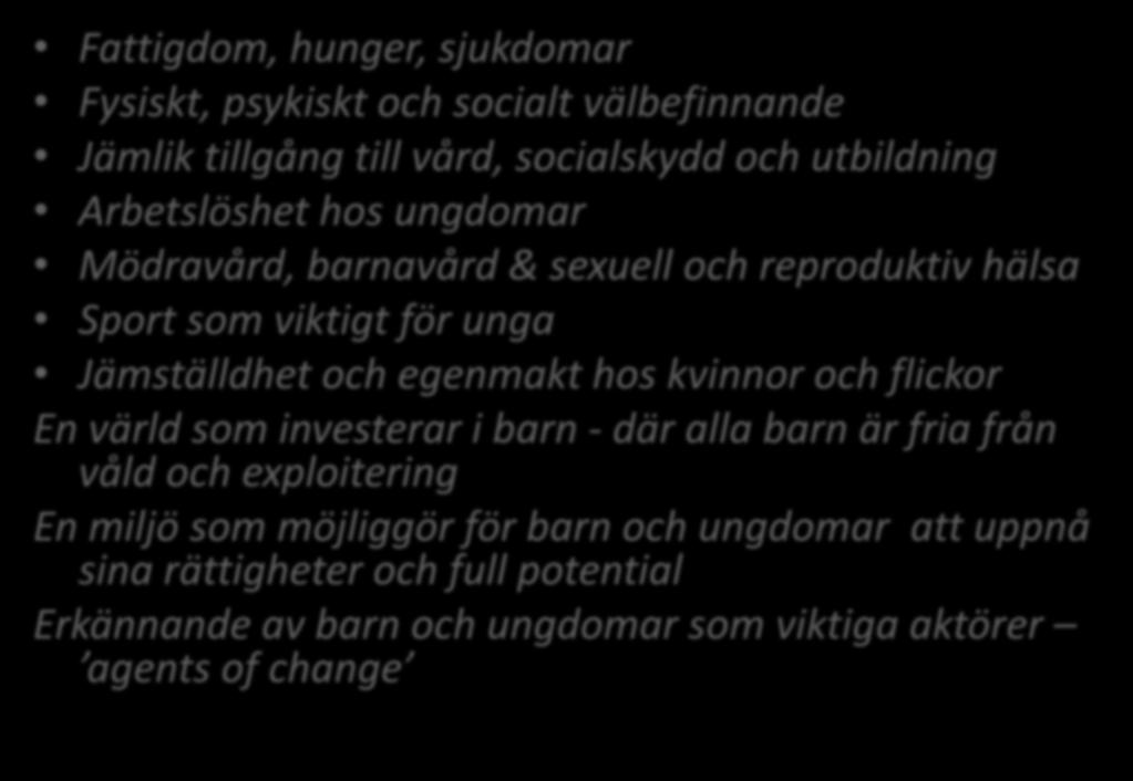 Vision för hälsa och välbefinnande Fattigdom, hunger, sjukdomar Fysiskt, psykiskt och socialt välbefinnande Jämlik tillgång till vård, socialskydd och utbildning Arbetslöshet hos ungdomar Mödravård,