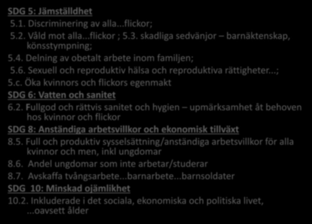 SDG 5: Jämställdhet 5.1. Discriminering av alla...flickor; 5.2. Våld mot alla...flickor ; 5.3. skadliga sedvänjor barnäktenskap, könsstympning; 5.4. Delning av obetalt arbete inom familjen; 5.6.