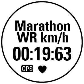 Träningstid hittills. Aktuell varvtid. Ditt aktuella tempo i förhållande till tempot vid världsrekordet i maraton.