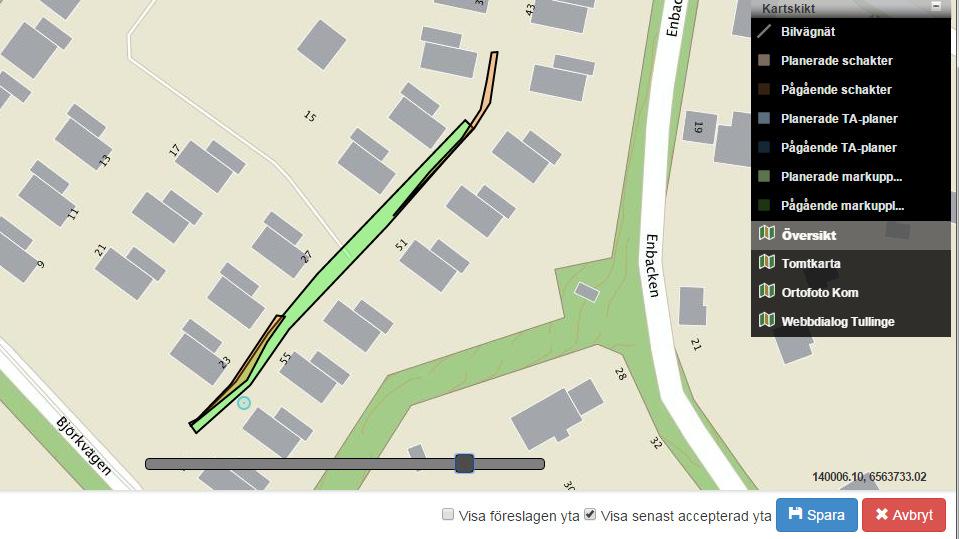 I kartan kan handläggaren se hur det såg ut när ärendet beviljades samt föreslagen