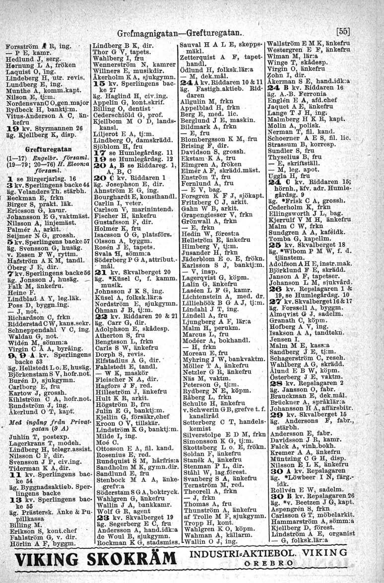 \ VIKI~G SKOKRÄM -' [55], Sauval H A L E, skepps- Wallström EM K, linkefru. mäkl. '.' W~s'tergren: E F, änkefru, Zetterquist AF, tapet- W~man M, lär:a, handl,. Wmge T, skådesp. Ödlund H, folksk.