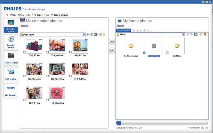 1 Anslut den medföljande USB-kabeln till PhotoFrame och till datorn. 4 Under [My computer photos]/[my computer music]/[my computer videos] väljer du foton eller video-/musikfi ler.