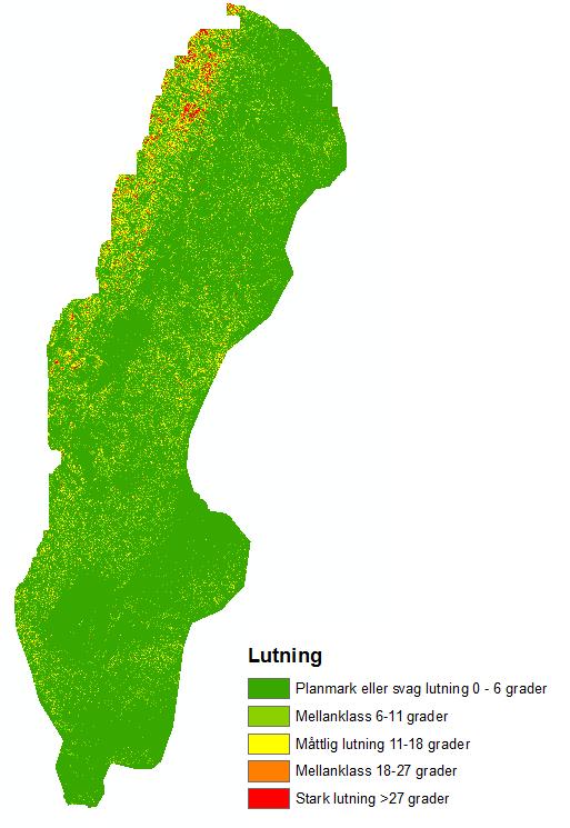 5.2.3 Lutning Största delen av Sverige är plan mark eller mark med svag lutning 0-6 grader.
