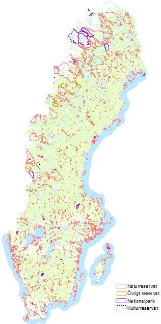 5.2.4 Rekreationsområden skyddad skog Det stora reservaten påträffas i och omkring fjällkedjan men det finns olika former av reservat spridda över hela landet.