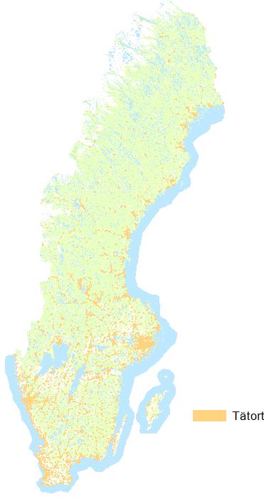 5.2.5 Rekreationsområden - Tätort En stor mängd av tätorter påträffas längs kusterna (figur 13). Centrala delar av södra Sverige har mycket hög koncentration av tätorter.