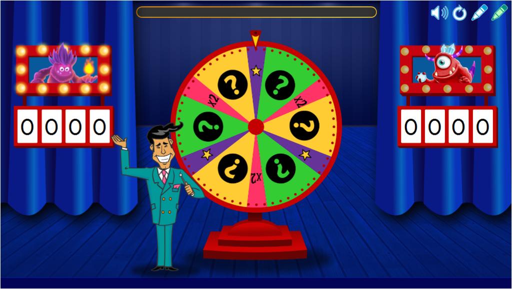 KAPITEL 7 ANVÄNDA SMART LAB 7. Tryck på Starta. Gameshow-aktiviteten öppnas. 8. Tryck på det snurrande hjulet för att starta spelet. Hjulet snurrar och pilen stannar på a.