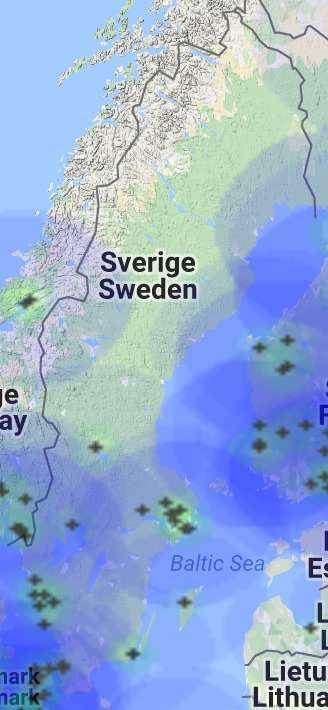 Figur 10: Täckningskarta Blitzortung över Sverige 9 nov 2016.