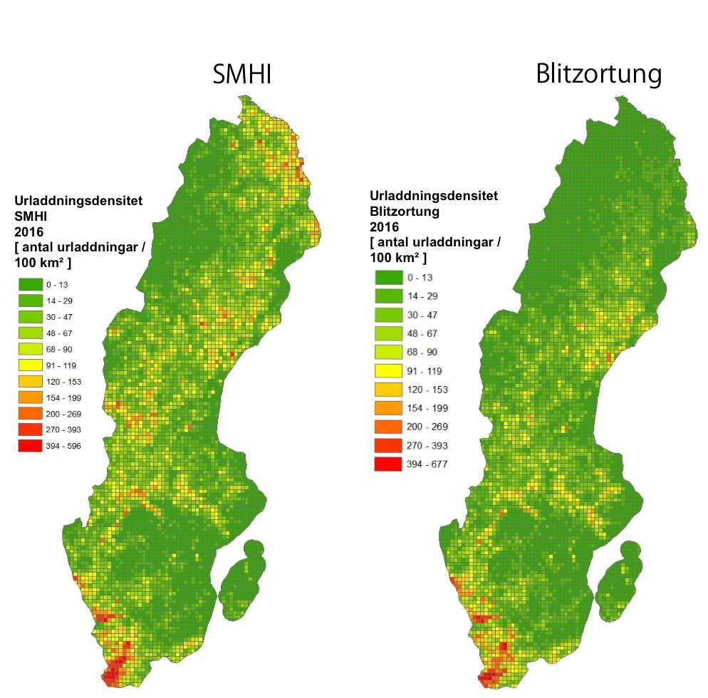8.1.1 Urladdningsdensitet I Figur 12 visas beräknad urladdningsdensitet från SMHI och Blitzortungs data från blixtsäsongen 2016 utan interpolering.